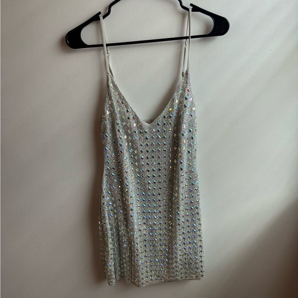 Sequin Slip Mini Dress - Silver With Multi Colored Sequins